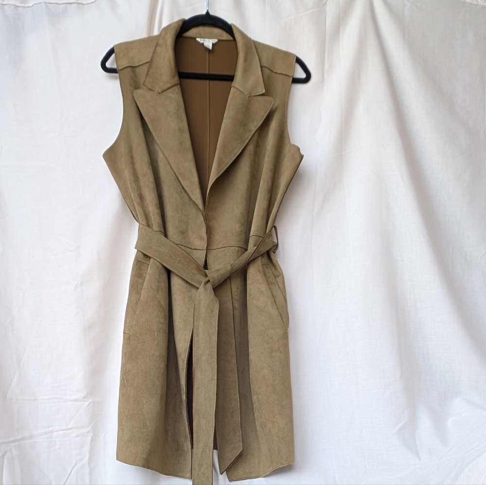 Faux Suede Sleeveless Duster Cardigan Size Medium Belted Capsule Wardrobe Tan